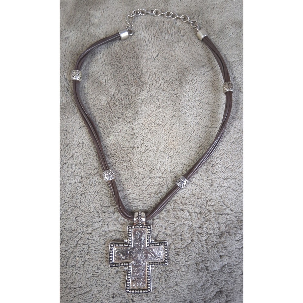 Premier Designs Vtg Cheyenne Necklace Western Filigree Cross Brown 5 Strand Cord